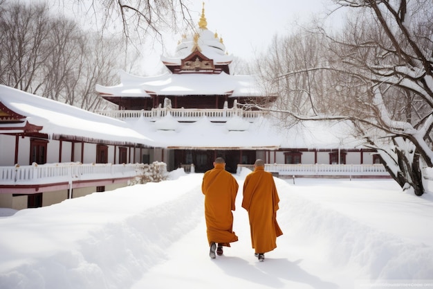 Mnisi spacerują po zaśnieżonym dziedzińcu klasztornym