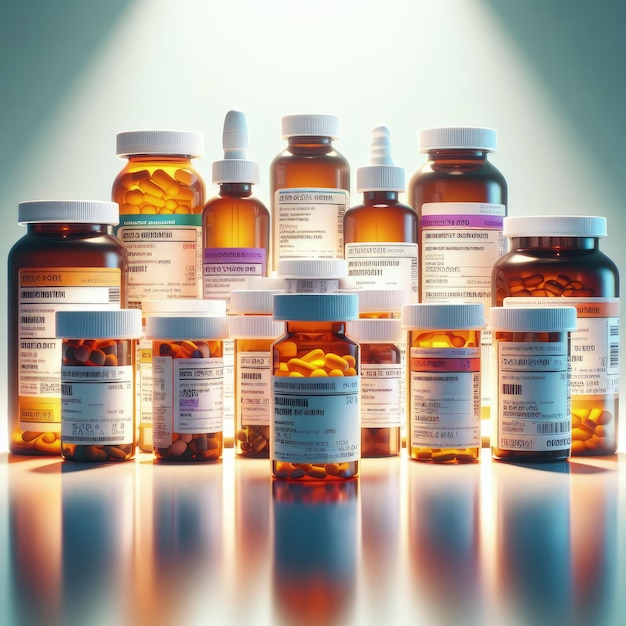 Zdjęcie mnóstwo butelek z lekami, w tym pigułki z lekami i butelkę z lekami