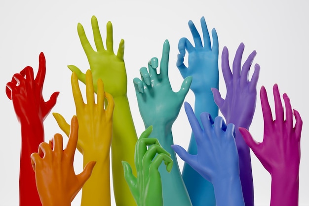 Mnóstwo kolorowych podniesionych rąk na białym tle Prawa i wolność ludzi lgbtKoncepcja dumy lgbtq równość społeczności gejowskiej i różnorodności Renderowanie 3D
