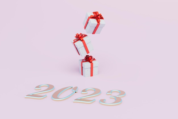 Mnóstwo prezentów na nowy rok 2023 pudełka na prezenty i napis 2023 na pastelowym tle