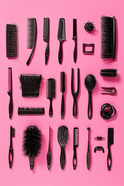 mnóstwo różnych rodzajów szczotek do włosów na różowym tle