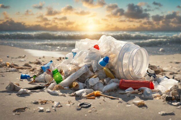 Mnóstwo śmieci na plaży Plastikowe butelki i odpady wyrzucone na plażę