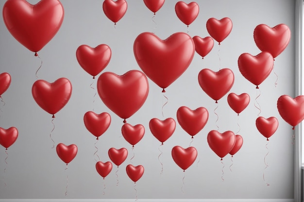 Mnóstwo zabawnych czerwonych balonów w kształcie serca unoszących się w powietrzu w pomieszczeniu