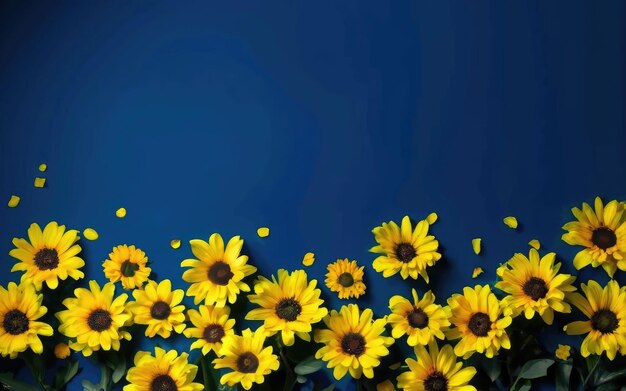 mnóstwo żółtych kwiatów na ciemno niebieskim tle