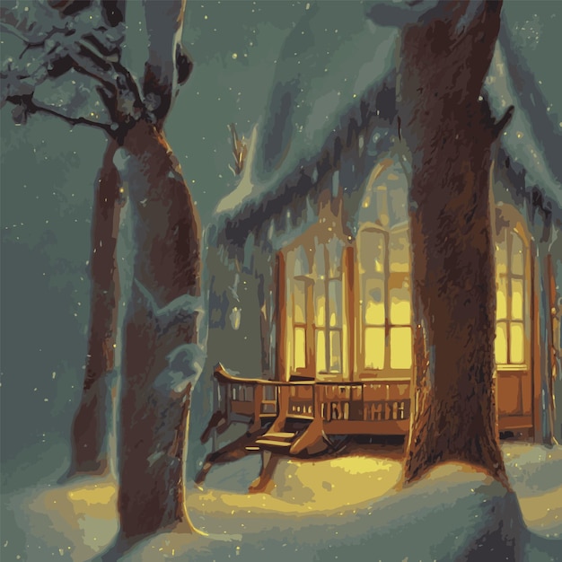 Mobilna ilustracja wektorowa sceny nocy bożonarodzeniowej z śnieżnym drewnianym domem i udekorowanym jodłowym słodkim domem w snowy
