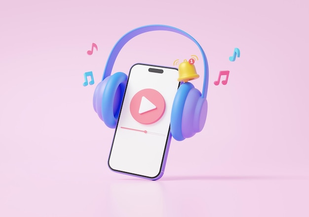 Mobilne nowoczesne odtwarzanie wideo ze słuchawkami unoszącymi się na różowym tle słuchanie podcastów rozrywka studio muzyczne karaoke koncepcja bezprzewodowe połączenie mediów strumieniowe renderowanie 3d ilustracja