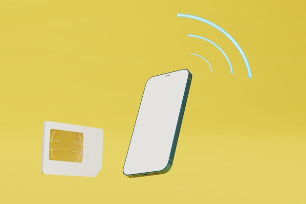 Mobilne połączenie z Internetem karta SIM smartfona i ikona WiFi na żółtym tle renderowania 3D