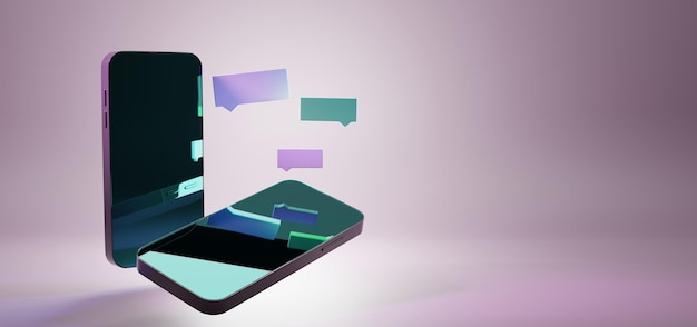 Mobilny czat online izometryczny koncepcja 3d ilustracja Pusty ekran dwa smartfony w widoku perspektywicznym i kątowym z ikonami wiadomości dialogowych lub bąbelkami tekstowymi na fioletowym neonowym tle