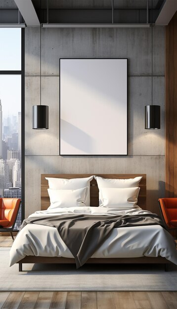 Mock up plakat z jedną ramką na ścianie w domowej sypialni interior3d rendering Stylowy nowoczesny