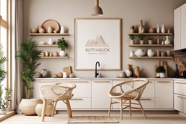 Mock up poster ramka w kuchni wnętrza Scandiboho styl 3d render