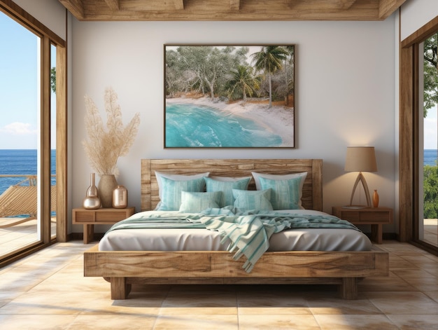 Mock up ramka w białym przytulnej tropikalnej sypialni Mockups Design 3D wysokiej jakości Mockups Generative Ai