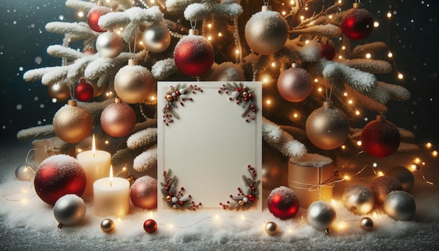 Zdjęcie mock up szablon pusta pocztówka noworoczna na ozdobionym drzewku świątecznym koncepcja uroczystości ai generatywny