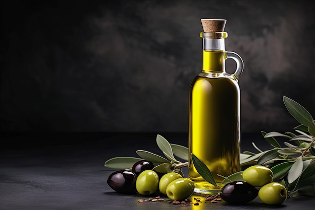 Zdjęcie mock up z tłustymi zielonymi oliwkami i butelką wysokiej jakości oliwy z oliwek