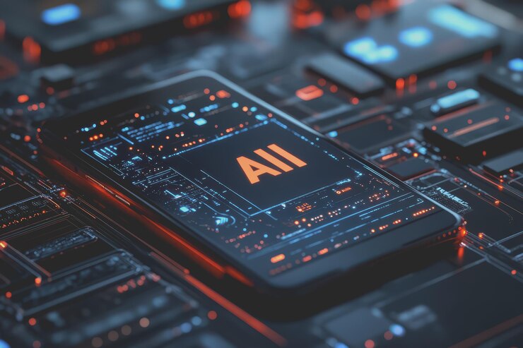 Zdjęcie mockup 3d technologii mobilnej z tekstem ai na ekranie abstrakcyjna technologia tłax9