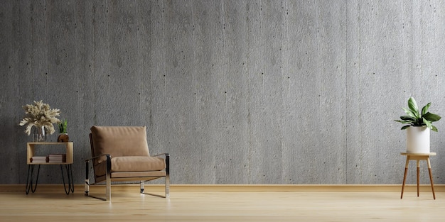 Mockup betonowej ściany wnętrza salonu ma fotel na pustym ciemnym tle ściany rendering3d
