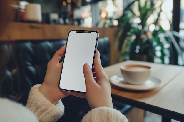 Mockup białego ekranu telefonu komórkowego w ręku kobiety