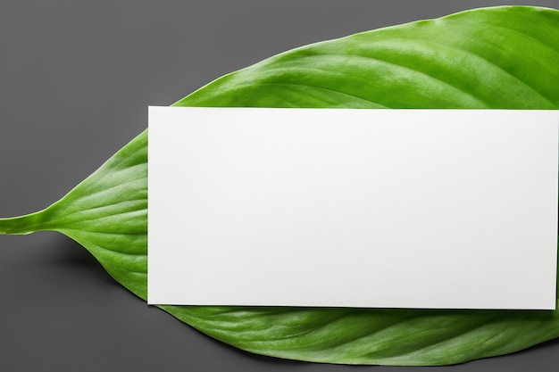 Zdjęcie mockup białego papieru harmonijnie ozdobiony świeżym liściem odsłaniającym delikatną fuzję