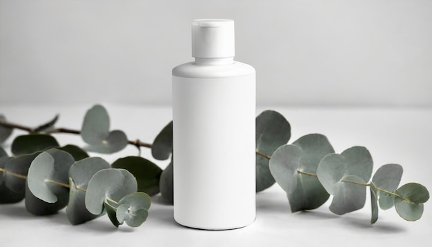 Mockup białej butelki kosmetycznej i gałęzi eukaliptusa Naturalny produkt do pielęgnacji skóry