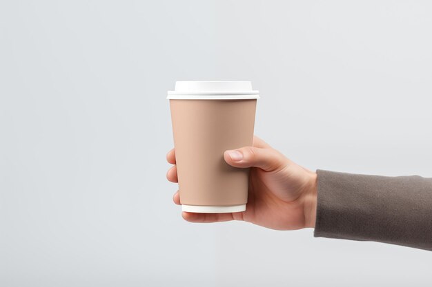 Mockup dłoni mężczyzny trzymającej papierowy kubek kawy z izolowanym zbliżeniem