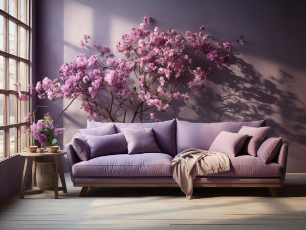 Mockup domu z fioletową kanapą i kwiatami świeże Mockups Design 3D Highquality Mockups Generative