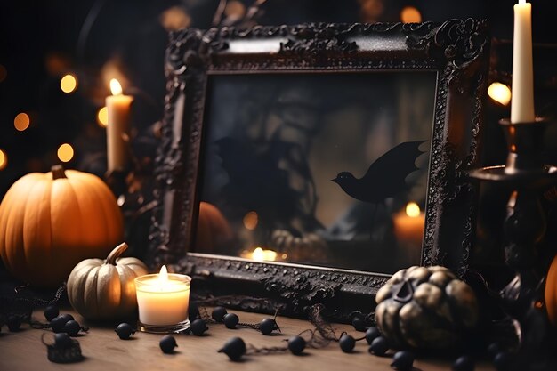 Zdjęcie mockup halloween, półka z pustą ramką i dekoracjami świątecznymi.