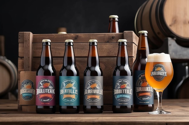 Mockup marki browaru zawiera logo na etykietach piwa, uchwyty kranów i oznakowanie browaru
