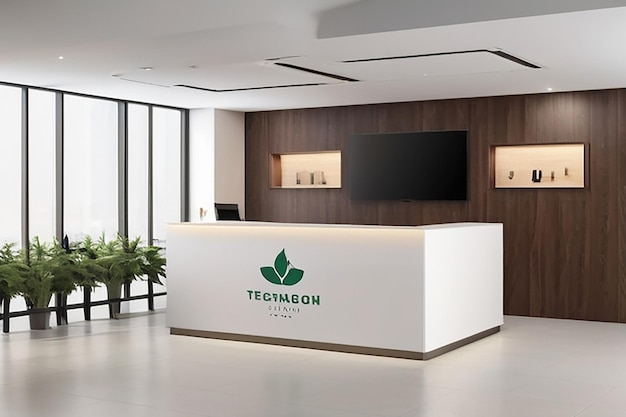 Mockup marki firmy technologicznej zawiera logo na lobby biura, wyświetla stacje robocze pracowników i przestrzenie do współpracy
