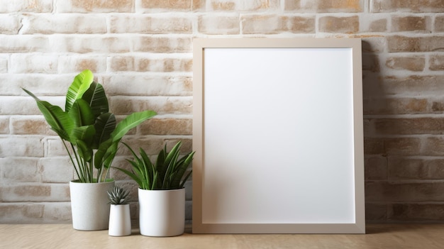 Mockup mieszkania na strychu z pustym posterem i zielonymi roślinami