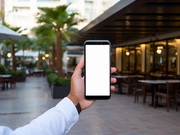 Mockup obrazu ręki trzymającej biały telefon komórkowy z pustym białym ekranem
