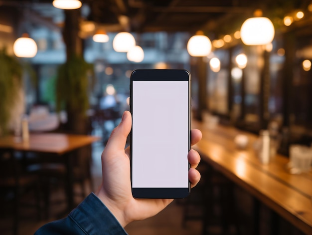 Mockup obrazu ręki trzymającej biały telefon komórkowy z pustym białym ekranem
