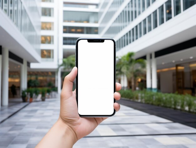 Mockup obrazu ręki trzymającej biały telefon komórkowy z pustym białym ekranem