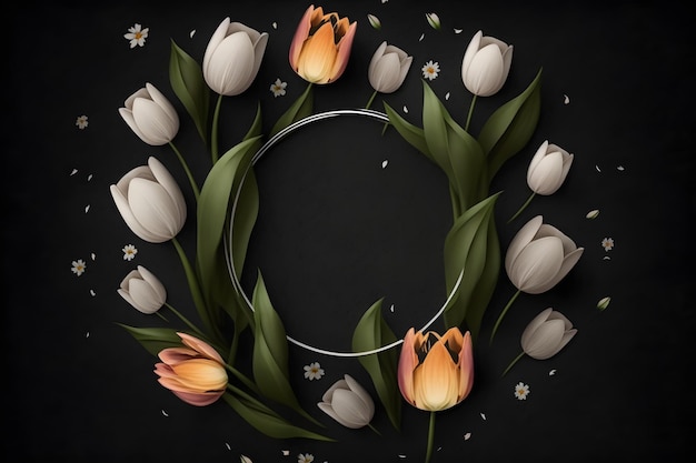Mockup okrąg pusty szablon z tulipanami wokół