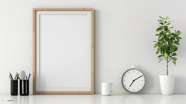 Mockup plakat w białej ramce 3D render ilustracji ramka projektowania z książkami roślin kawy na białej ścianie