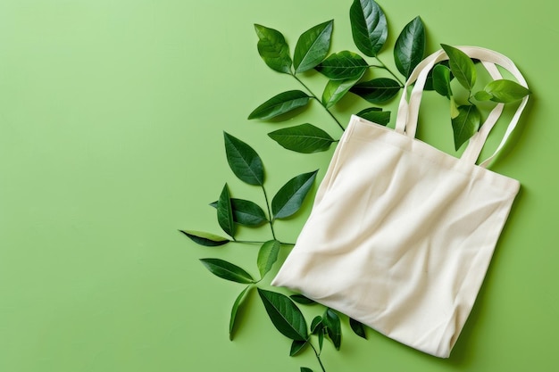 Zdjęcie mockup prostej białej torby na płótno z zielonymi liśćmi roślin izolowanymi na płaskim zielonym tle