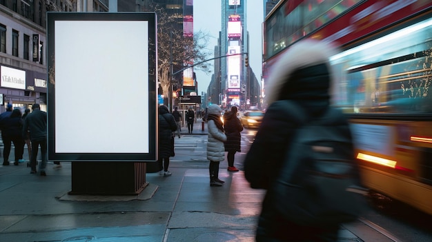 Mockup pustego billboardu na przystanku autobusowym w środku godziny szczytu w mieście z rozmytym obywatelem patrzącym na billboard rozmyte ludzie chodzący w tle