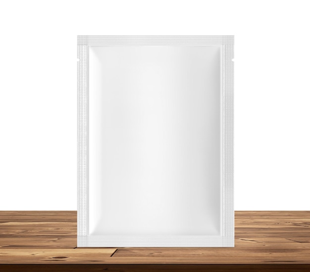 Mockup pustej koperty opakowania produktu na białym tle drewnianym stole