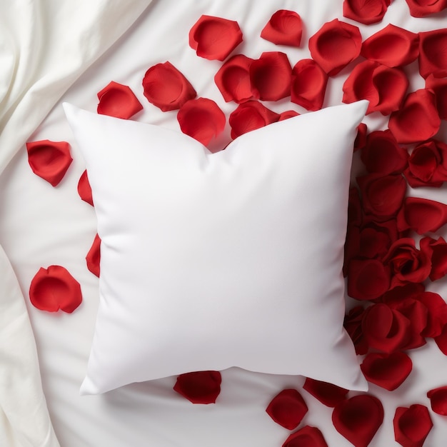 Mockup pustej poduszki na Dzień Walentynek Mockup białej poduszki Mockup czerwonej róży miłości