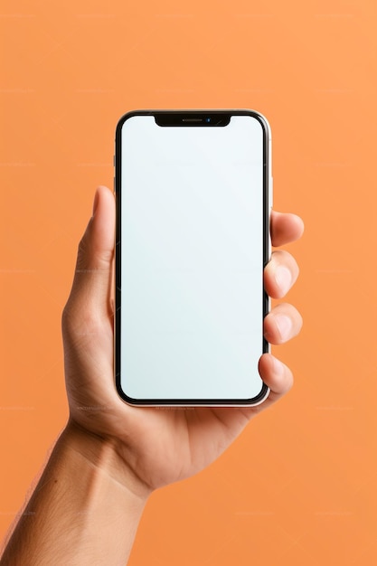 Mockup ręki trzymającej smartfon z białym ekranem