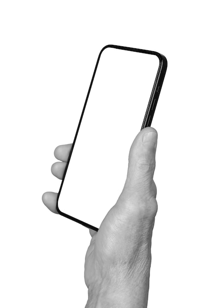 Mockup smartfona Zmarszczona ręka starszej kobiety trzymająca telefon komórkowy nachylony pod kątem do