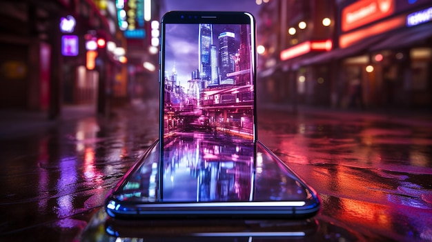 Zdjęcie mockup smartfonu samsung z neonlit background wallpaper