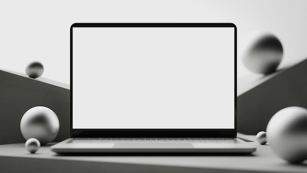Mockup strony głównej z laptopem na minimalistycznym abstrakcyjnym tle 3D