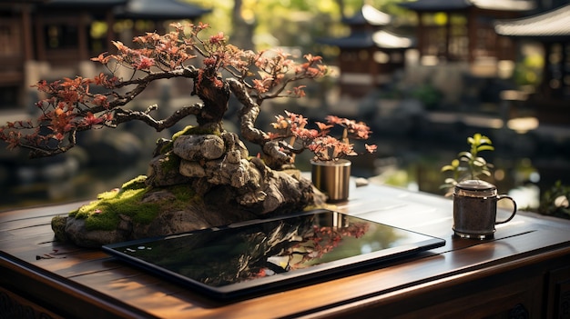 Zdjęcie mockup tabletu w spokojnym japońskim ogrodzie z tapetą w tle