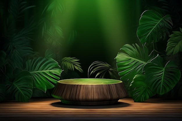 Mockup wystawy na scenie z ciemnego drewna do prezentacji produktów ozdobiony liśćmi monstery