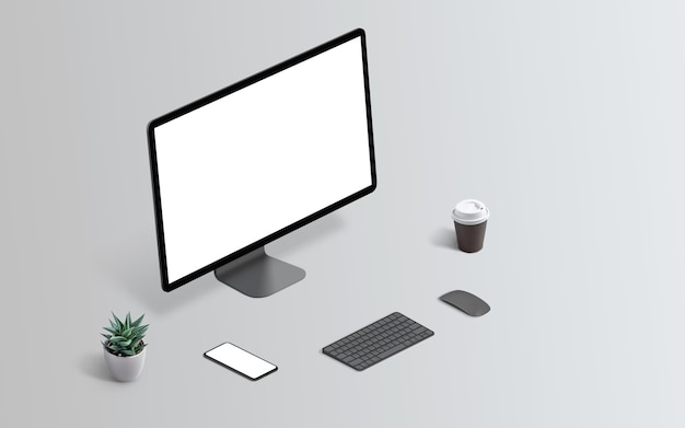 Zdjęcie mockup wyświetlacza komputera na szarej powierzchni pozycja izometryczna mockup telefonu inteligentnego na biurku klawiatura mysz kawa i roślina obok miejsce kopiowania