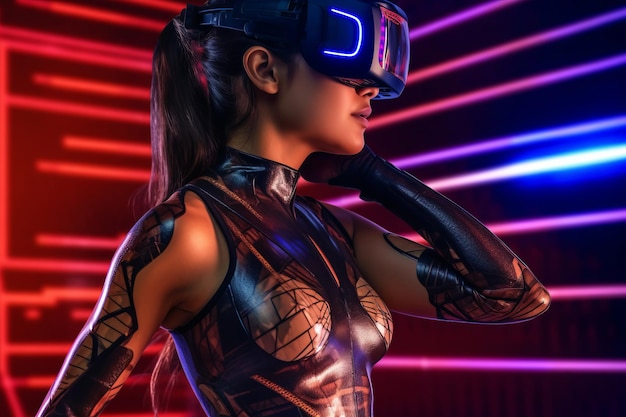Mocno stylizowany portret kobiety zanurzonej w symulacji gogli VR