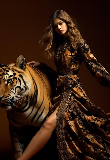 Moda atrakcyjna dziewczyna w fantazyjnej zimnej sukience z wzorem tygrysa tygrysa sukienka gorący kształt ciała