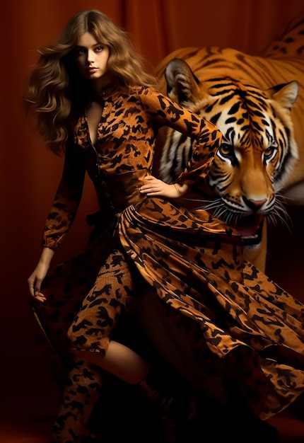 Zdjęcie moda atrakcyjna dziewczyna w fantazyjnej zimnej sukience z wzorem tygrysa tygrysa sukienka gorący kształt ciała