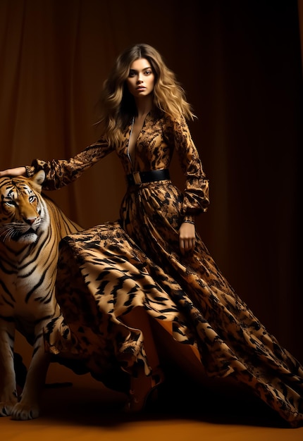 Moda atrakcyjna dziewczyna w fantazyjnej zimnej sukience z wzorem tygrysa tygrysa sukienka gorący kształt ciała