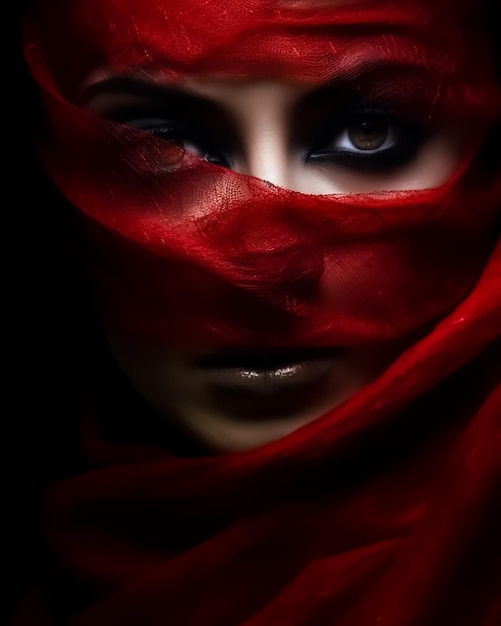 moda dziewczyna w pełnym makijażu oczu obejmujące jej twarz czerwoną tkaniną Szalik fotografii mody