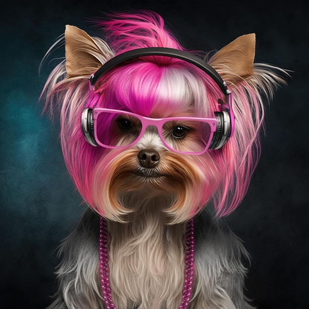 Moda glamour dj Yorkshire Terrier. Ilustracja generatywna AI